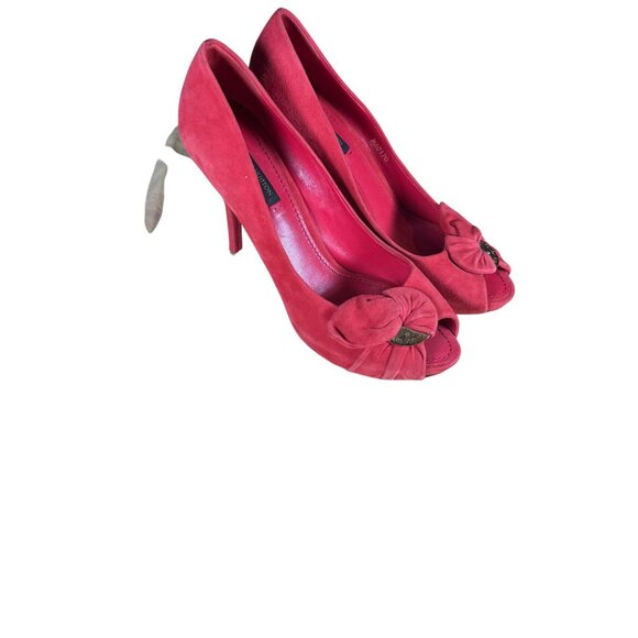 Louis Vuitton Red Suede Catania Peep Toe Platform Pumps Heels Size 38 - Picture 2 of 13
